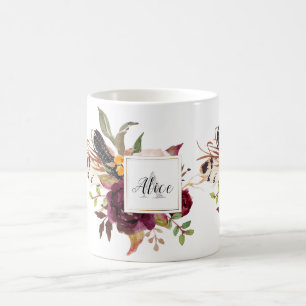 Brautjungfer Wasserfarben Blumen Marsala Monogramm Kaffeetasse