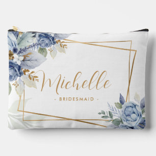 Brautjungfer Wasserfarben Staubblau & Gold Blumen Zubehörtasche