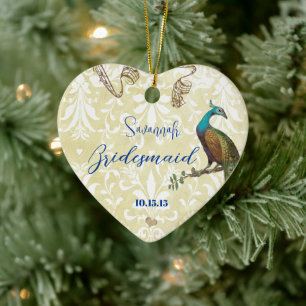 Brautjungfer Weiß Distressed Damast Vintage Pfau Keramikornament