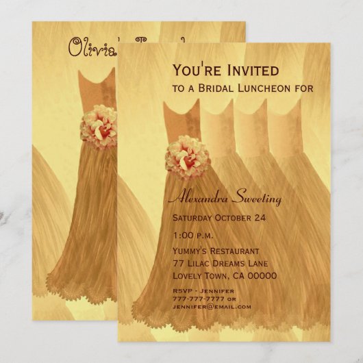 Brautjungfern-Mittagessen-oder Brunch-Goldkleider Einladung (Vorne/Hinten)