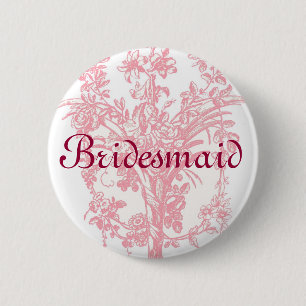 Brautjungfernknopf auf rosa Blumenhintergrund Button