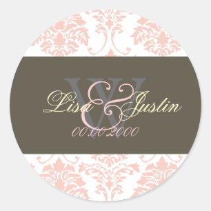Brautkleber mit rosa Damast-Monogramm Runder Aufkleber