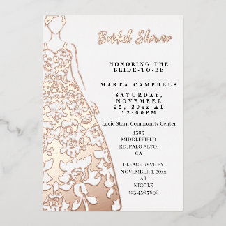 Brautkleid aus Rosen-Goldfolie Hochzeitsdusche Folieneinladung