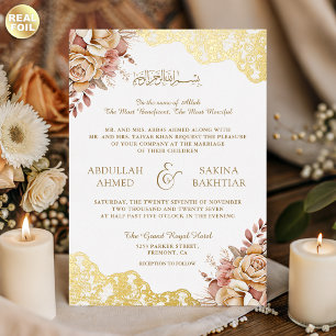 Brautkleid Florales Goldspitzen QR-Code Muslimisch Folieneinladung