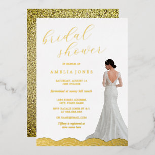 Brautkleid mit goldener Spitze Brautparty Folieneinladung