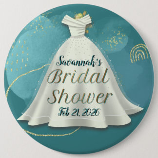 Brautkleid mit tief tealfarbenem Goldglitter Braut Button