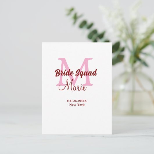 Brautkommando hinzufügen Name Monogramm Brautjungf Postkarte (Stehend Vorderseite)