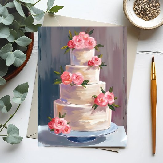 Brautkuchen mit rosa Rosen | Wasserfarben-Hochzeit Postkarte