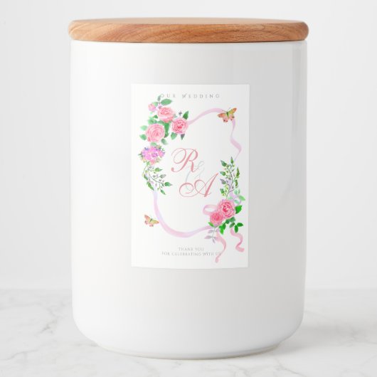 Brautmonogramm mit rosa Band  Lebensmitteletikett (Vorderseite)