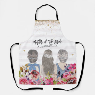 Brautmutter mit rosa Blumen und goldenem Glitter Schürze