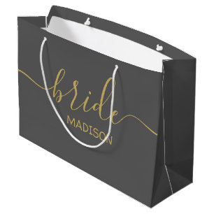 Brautname im eleganten goldenen Schriftzug Grau Große Geschenktüte