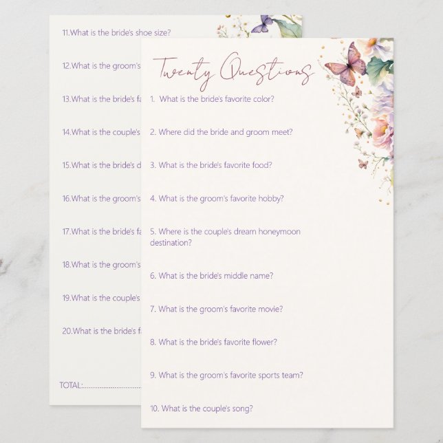 Brautparty 20 Fragen (Vorne/Hinten)