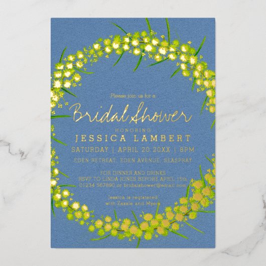 Brautparty Acacia Gelbe Kunst Blume Folieneinladung (Vorderseite)