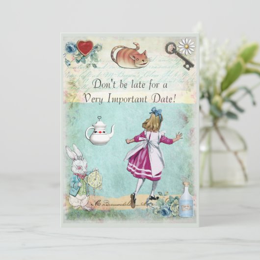 Brautparty-Alice im Wunderland sind nicht spät Einladung (Stehend Vorderseite)