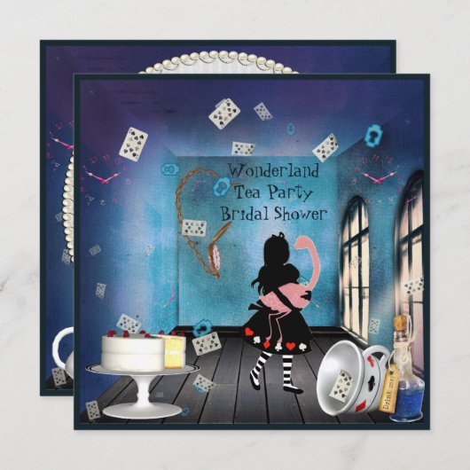 Brautparty Alice & Pink Flamingo Wonderland Einladung (Vorne/Hinten)