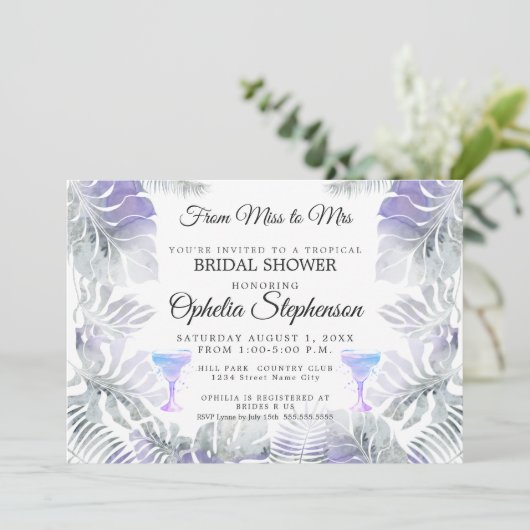 Brautparty Amethyst Tropische Blattfarbe Einladung (Stehend Vorderseite)