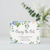 Brautparty ändert das Datum Blue Hydrangeas Postkarte (Stehend Vorderseite)