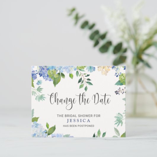 Brautparty ändert das Datum Blue Hydrangeas Postkarte (Stehend Vorderseite)