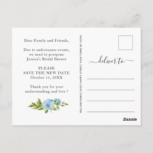 Brautparty ändert das Datum Blue Hydrangeas Postkarte (Rückseite)