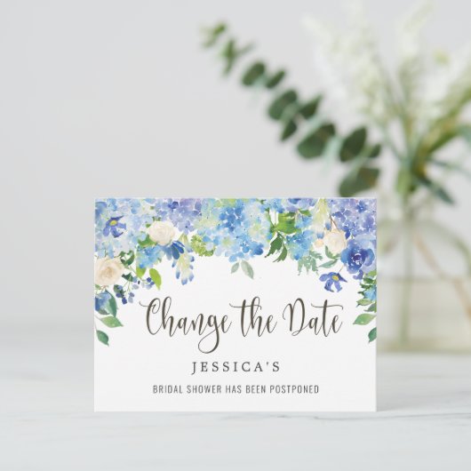 Brautparty ändert das Datum Blue Hydrangeas Postkarte (Stehend Vorderseite)