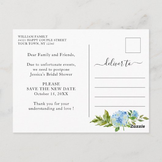 Brautparty ändert das Datum Blue Hydrangeas Postkarte (Rückseite)