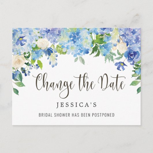 Brautparty ändert das Datum Blue Hydrangeas Postkarte (Vorderseite)