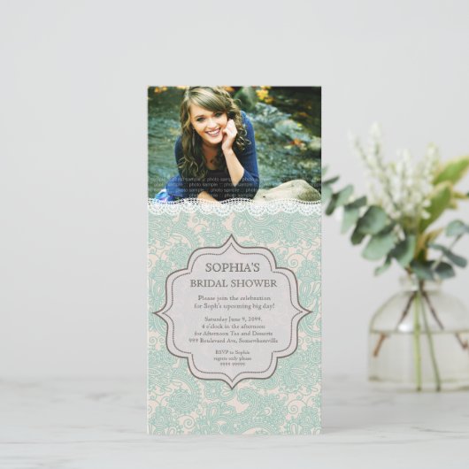 Brautparty Aqua Brown Lace Paisley Foto Einladung (Stehend Vorderseite)