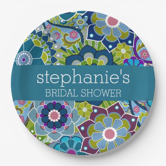 Brautparty Aquamarin und grüne Retro-Blume Pappteller (Vorderseite)