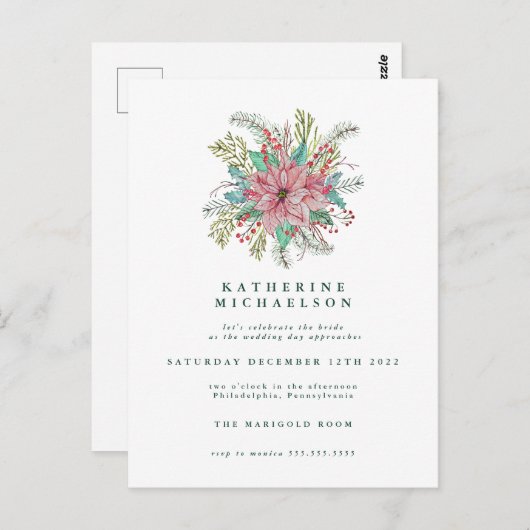 Brautparty | Aquarell Poinsettia Floral Postkarte (Vorne/Hinten)