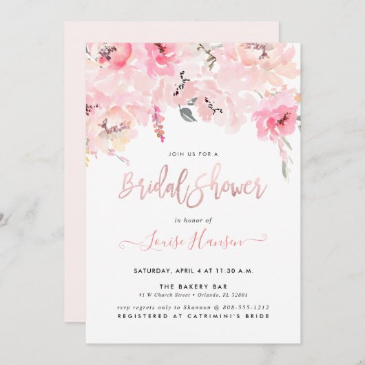 Brautparty, Aquarellblau Rosa Peonys Einladung (Vorne/Hinten)