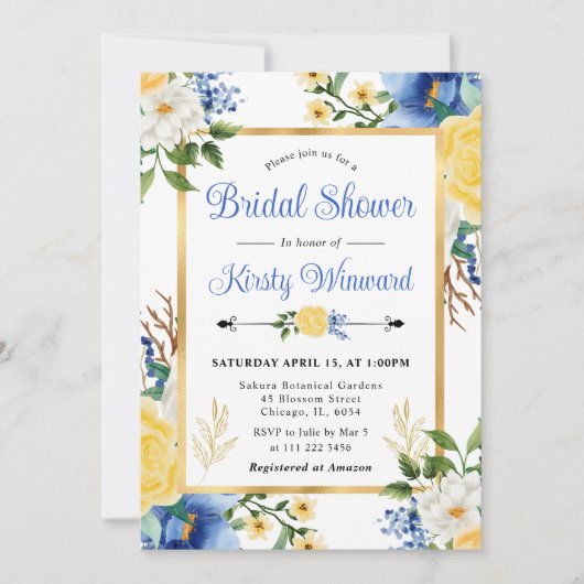 Brautparty Aquarellblau und Gelb Blumen Einladung (Vorderseite)