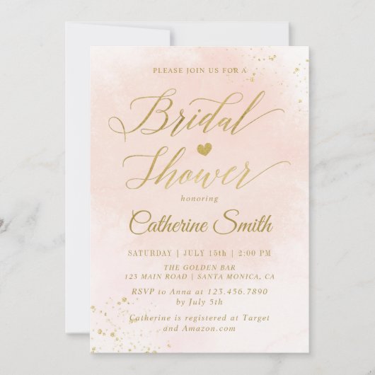 Brautparty Aquarellblau und Gold Einladung (Vorderseite)