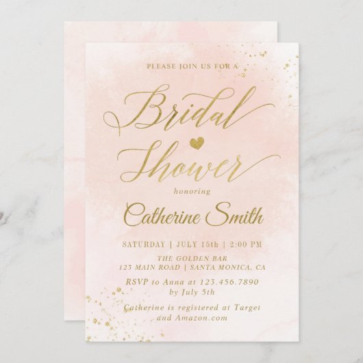 Brautparty Aquarellblau und Gold Einladung (Vorne/Hinten)