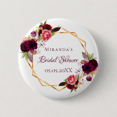 Brautparty Aquarellblumen Bordeaux Gold Button (Vorderseite)