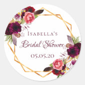 Brautparty Aquarellblumen Bordeaux Gold Runder Aufkleber (Vorderseite)