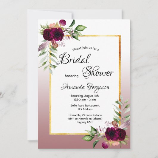 Brautparty Aquarellblumen Zimt Rose Einladung (Vorderseite)