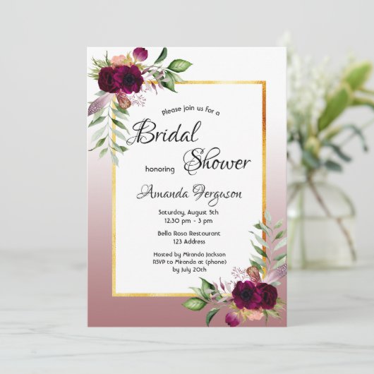 Brautparty Aquarellblumen Zimt Rose Einladung (Stehend Vorderseite)