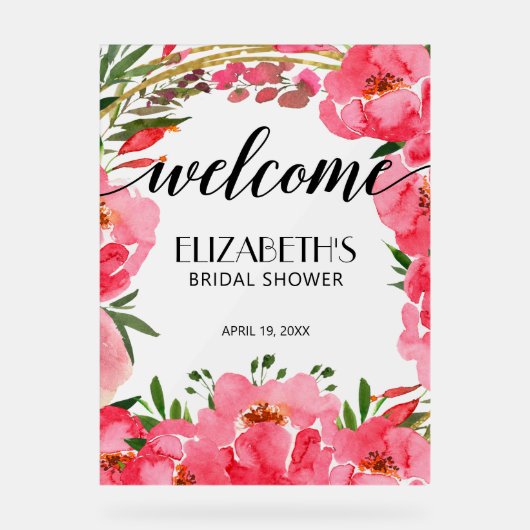 Brautparty Aquarellfarben Rosa Peonies Willkommen Acrylschild (Vorderseite)