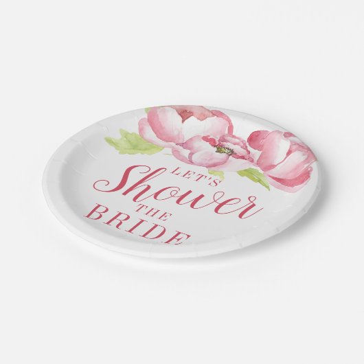 Brautparty | Aquarellfarbene rosa Peonies Pappteller (Schrägansicht)