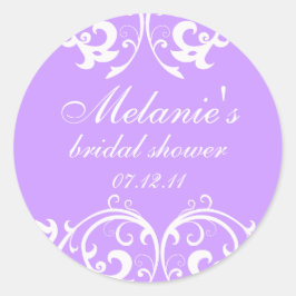 Brautparty-Aufkleber für Lavendel und weiße Damast Runder Aufkleber