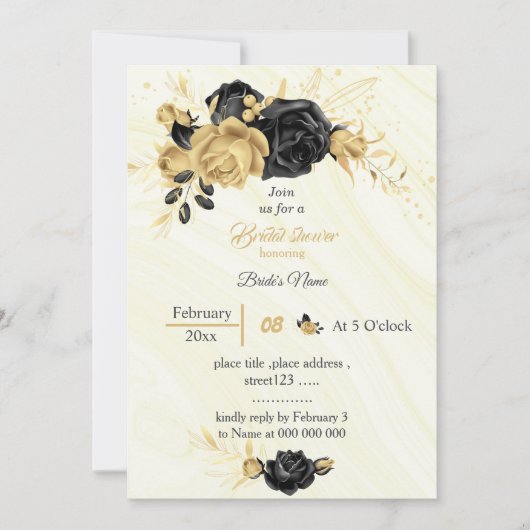 Brautparty aus edlem Gold und schwarzem Blume Einladung (Vorderseite)
