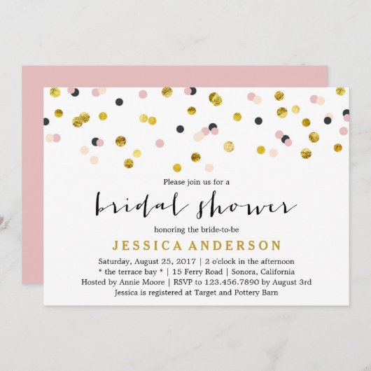 Brautparty aus Gold und Rosa Confetti Einladung (Vorne/Hinten)