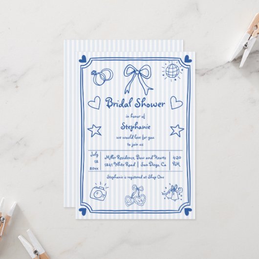 Brautparty aus handgezogenen, blau gestrichenen St Einladung (Vorderseite/Rückseite Beispiel)