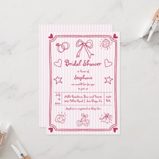 Brautparty aus handgezogenen, rosa Streifen Einladung (Vorderseite/Rückseite Beispiel)