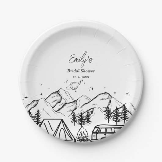 Brautparty aus schwarzem und weißem Camping Pappteller (Vorderseite)
