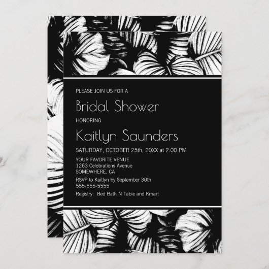 Brautparty aus schwarzem und weißem tropischem Pal Einladung (Vorne/Hinten)