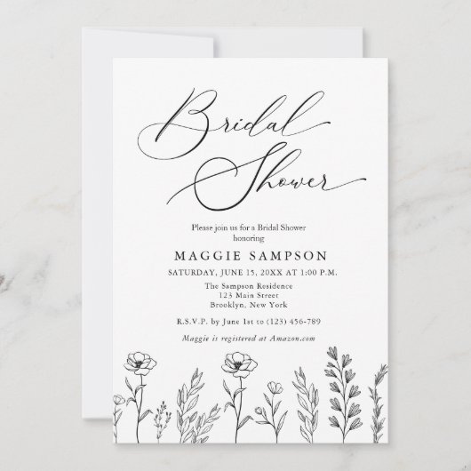 Brautparty aus schwarzem und weißem Wildblume Einladung (Vorderseite)