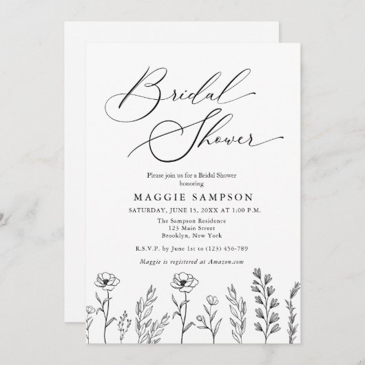 Brautparty aus schwarzem und weißem Wildblume Einladung (Vorne/Hinten)