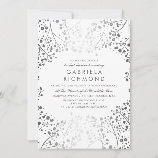Brautparty aus weißem und silberfarbenem Gipskraut Einladung (Vorderseite)