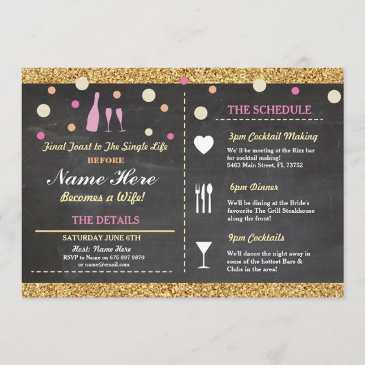 Brautparty Bachelorette Glitzer Itinerary Rosa Programm (Vorderseite)